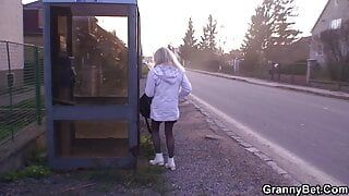 Picked up blonde grandma rides stranger’s dick