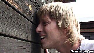 Busty old granny gets nailed on public